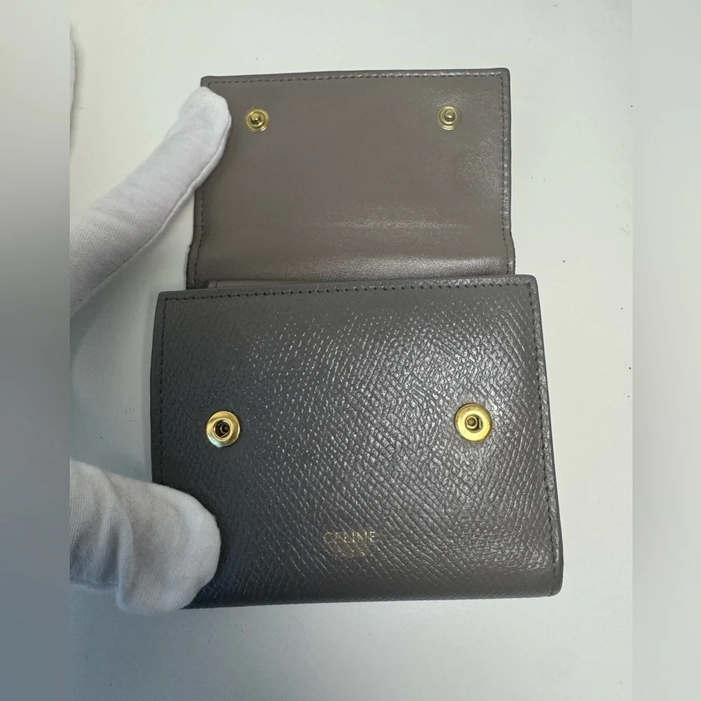 Celine Compact x mm Tri Fold Gray Leather Textured Wallet